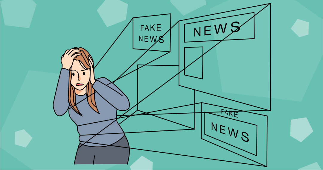 Fake News Frauentage Eine Frau im Cartoon-Stil ist von Fake News und richtigen Nachrichten überwältigt.
